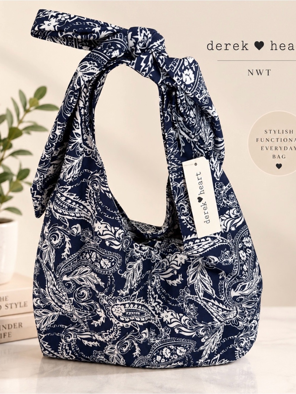 Derek Heart Navy Blue White Paisley Hobo Shoulder Bag NWT Boho Tie Strap